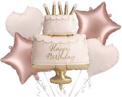 Folieballon Set Pastel Taart Happy Birthday - 5-delige Ballonnenset Verjaardag - Verjaardagstaart met Sterren & Hartjes Beige & Terracotta - Helium & Lucht - Inclusief Blaasrietje - Zelfsluitend - Luxe Feestversiering
