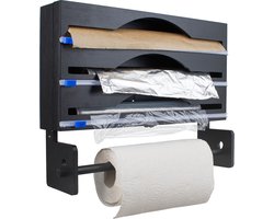 Foliehouder – met Ophangsysteem en Foliesnijder – Rollenhouder – Foliesnijder – Geschikt voor 3 Rollen Folie – Bamboe – Foliedispenser – Zwart – Nimma