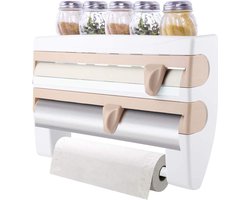 Foliehouder Wandrol met plank - Keukenrolhouder en foliesnijder - Papierrolhouder voor keukenrol - Aluminiumfolie Vershoudfolie Papieren handdoekhouder - Houder Keukengereedschap (khaki)