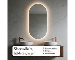 Fölker - Linea Ovale Badkamerspiegel 40x80CM - Frameloos - LED Achtergrondverlichting - Dimbaar - Anti-Condens - Warm/Neutraal/Koud Wit