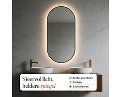 Fölker - Vera Ovale Badkamerspiegel 40x80CM - Zwarte Rand - LED Achtergrondverlichting - Dimbaar - Anti-Condens - Warm/Neutraal/Koud Wit