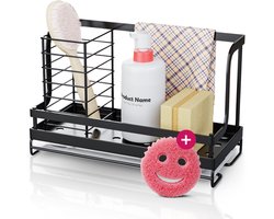 Fomazi Vaatdoekhouder Organizer - Aanrecht en Keuken Organiser - Theedoekhouder - Afwasborstel en Sponshouder voor Gootsteen - Anti Roest - Zwart