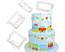 Fondant en deeg Trein uitsteekvorm  - Treintjes mal - Fondant snijder - Marsepein Icing cutter  - Uitstekers - Uitsteekvormpjes - uitsteekvormen voor Marsepein, Fondant en deeg - Voor decoratie van taart, cupcakes en cake - Set van 4 stuks