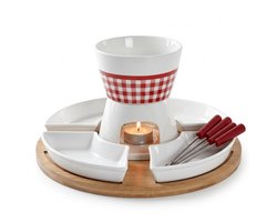 Fondue Set voor 4 Personen – Bamboe en Porselein – Inclusief Schalen en Vorkjes -26,5 x 26,5 x 19 cm