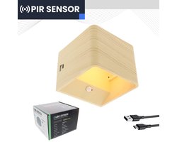 Fonkel Qube Kubus LED Wandlamp Licht Hout Binnen Woonkamer Oplaadbaar Essen - PIR Bewegingssensor - Wandverlichting Draadloos 5 Watt op Accu USB-C - Muurlamp Ideaal als Gang Lamp - Wandlamp Zonder Stroom voor Binnen – Bevestiging Zonder Boren
