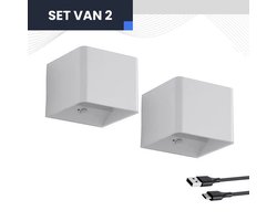 Fonkel Set 2x LED Wandlampen Oplaadbaar Wit - PIR Bewegingssensor - Draadloos 5 Watt op Accu USB-C - Wandlamp Binnen Woonkamer of Slaapkamer - Wandlampen Zonder Stroom voor Binnen - Bevestiging Zonder Boren