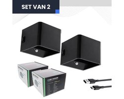 FONKEL® Set 2x LED Wandlampen Oplaadbaar Zwart - PIR Bewegingssensor - Draadloos 5 Watt op Accu USB-C - Wandlamp Binnen Woonkamer of Slaapkamer - Wandlampen Zonder Stroom voor Binnen - Bevestiging Zonder Boren