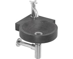 Fonteinset Alias by L'Aqua - Compleet met kraan en sifonset - Hardsteen - Hoek /rond - 33 x 33 x 8cm - Antraciet - Toiletfontein - toiletset - fonteinset toilet - toiletsets - fonteinset wc - fonteinsets - Fonteinset zwart - Fontein set