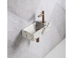 Fonteinset Mia 40.5x20x10.5cm marmerlook wit geaderd grijs rechts inclusief fontein kraan, sifon en afvoerplug copper