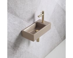 Fonteinset Mia 40.5x20x10.5cm mat beige rechts inclusief fontein kraan, sifon en afvoerplug mat goud