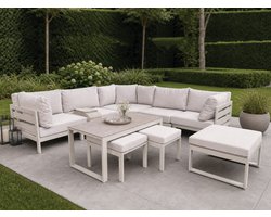 Fonteyn Loungeset Barcelona Taupe Combi 01 - 6-persoons Loungeset, Buitenzitgroep en Tuinmeubelset met Loungebank en Tafel - 245 x 80 x 69 cm - Aluminium - Geschikt voor Tuin, Terras en Balkon - Inclusief Kussens - Naturel, Taupe