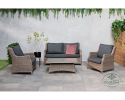 Fonteyn Loungeset La Donna 2.0 Cappuccino - 4-persoons Loungeset, Buitenzitgroep en Tuinmeubelset met Loungebank en Tafel - 162x82x98 cm - Wicker - Geschikt voor Tuin, Terras en Balkon - Inclusief Kussens - Naturel, Taupe