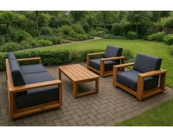Fonteyn Loungeset Mateo - 5-persoons Loungeset, Buitenzitgroep en Tuinmeubelset met Loungebank en Tafel - 203x93x76 cm - Teakhout - Geschikt voor Tuin, Terras en Balkon - Inclusief Kussens