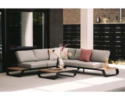 Fonteyn Loungeset Palm Springs - 5-persoons Loungeset, Buitenzitgroep en Tuinmeubelset met Loungebank en Tafel - 260x76x78 cm - Aluminium, Acaciahout - Geschikt voor Tuin, Terras en Balkon - Inclusief Kussens - Antraciet, Donkergrijs