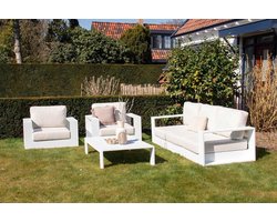 Fonteyn Loungeset Pearl Blanche - 5-persoons Loungeset, Buitenzitgroep en Tuinmeubelset met Loungebank en Tafel - 225x85x78 cm - Aluminium - Geschikt voor Tuin, Terras en Balkon - Inclusief Kussens - Wit