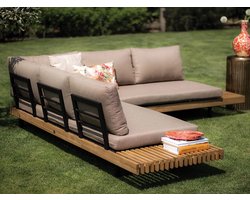 Fonteyn Loungeset Philo - 5-persoons Loungeset, Buitenzitgroep en Tuinmeubelset met Loungebank en Tafel - 240x77x38 cm - Aluminium, Acaciahout - Geschikt voor Tuin, Terras en Balkon - Inclusief Kussens