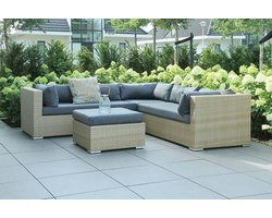 Fonteyn Loungeset Rimini Naturel - 5-persoons Loungeset, Buitenzitgroep en Tuinmeubelset met Loungebank en Tafel - 235x82 cm - Wicker - Geschikt voor Tuin, Terras en Balkon - Inclusief Kussens - Naturel, Taupe