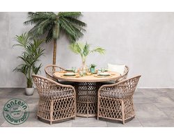 Fonteyn Tuinset Denver - 4-persoons Dining Set, Eethoek en Tuinmeubelset - Tafel met 4 Stoelen - 135x51x85 cm - Acaciahout, Wicker - Geschikt voor Tuin, Terras en Balkon - Inclusief Kussens - Naturel, Taupe