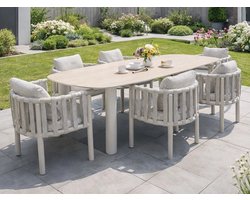 Fonteyn Tuinset Sifra - 6-persoons Dining Set, Eethoek en Tuinmeubelset - Tafel met 6 Stoelen - 240x65x85 cm - Aluminium, Rope - Geschikt voor Tuin, Terras en Balkon - Inclusief Kussens - Ecru, Beige