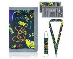 Fonyet Borsttas voor kinderen, met gamepad-patroon, portemonnee voor kinderen, jongens, met 2 sleutelbanden, drievoudig opvouwbare portemonnee voor tieners en jongens, zwart, Medium, cartoon