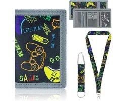 Fonyet Borsttas voor kinderen, met gamepad-patroon, portemonnee voor kinderen, jongens, met 2 sleutelbanden, drievoudig opvouwbare portemonnee voor tieners en jongens, zwart, Medium, cartoon