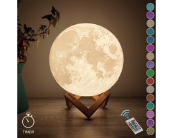 FOOCCA Maanlamp 3D Tafellamp 15 cm - 18 cm, 20 cm, 24 cm Via Menu - Maan Lamp met Timer Functie - Accu 15 tot 89 uur - 16 Dimbare LED Kleuren & Afstandsbediening - Extra Realistisch