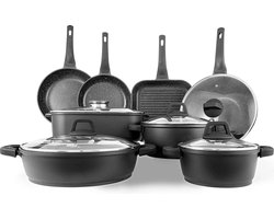 food appeal Marble Class Set 13-delige keukenpotten en pannen set | 20cm, 24cm, 30cm, 32cm ovenschalen, steelpannen met glazen deksel | Braadpannen van 24 cm, 28 cm, inductiepannen | 28cm grillpan | Braadpan van 35 cm met deksel van aromati
