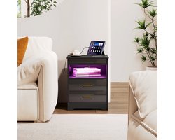 for Home Black 2-Drawer Bedside Table - Houten Nachttafel met 2AC/2USB Oplader & Licht, Open Plank voor Slaapkamer Woonkamer, EU Plug