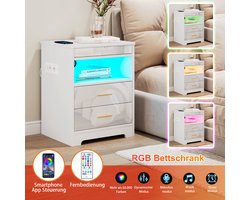 for Home White 2-Drawer Bedside Table - Houten Nachttafel met 2AC/2USB Oplader & Licht, Open Plank voor Slaapkamer Woonkamer, EU Plug