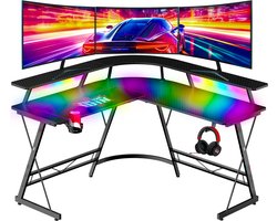 For The Win Hoekbureau - L-Vormig Game Bureau - 130x130x74 cm - Gaming Bureau met LED Verlichting - Incl. RGB Muismat - Monitor Standaard - Gaming Desk - Computer Tafel - Gaming Tafel