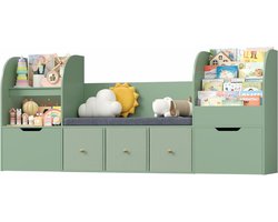 FOREHILL Kinderrek met zitbank, boekenrek voor kinderen met 5 opbergdozen, kindermeubel voor speelgoed, speelgoedkist met wielen, 180,5 x 35 x 80 cm, groen