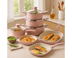 Forged Pannenset - 10 delig - Met glazen deksels - Alle warmtebronnen - Marmeren antiaanbaklaag - PFAS-vrij - Inductie - Roze