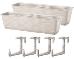 Form Plastic Balkon plantenbak Balustrade - 2x - incl ophangbeugels - kunststof - lichtgrijs - L40 x B17 x H14