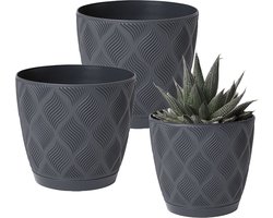Form Plastic Plantenpot set New Age - 3x stuks - kunststof - antraciet - met schotel