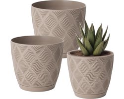 Form Plastic Plantenpot set New Age - 3x stuks - kunststof - beige - met schotel