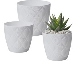 Form Plastic Plantenpot set New Age - 3x stuks - kunststof - ivoor wit - met schotel