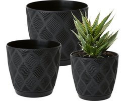 Form Plastic Plantenpot set New Age - 3x stuks - kunststof - zwart - met schotel