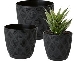 Form Plastic Plantenpot set New Age - 3x stuks - kunststof - zwart - met schotel