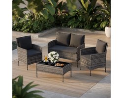 Fort Polyrattan Loungeset 4 Personen – 4-Delige Balkon & Tuinset met 2-Zits Sofa, 2 Stoelen & Glazen Tafel + Kussens – Weerbestendig Outdoor Meubilair – Grijs Mélange Mobili Bella