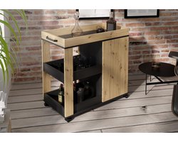 Forte Home BAR Barkast 70 80, kast met wielen en 2 deuren, barmeubels, woonkamerbar, bar, houten materiaal, Artisan eiken/zwart houten decor, 77 cm breed x 88,2 cm hoog x 42 cm diep