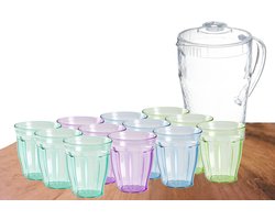 Forte Plastics 12x multi-color waterglazen 250 ML en karaf 2 Liter van kunststof