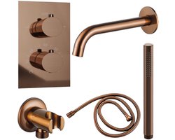 Fortifura Calvi Badkraan set - uitloop - 22cm inkortbaar - metalen slang - staafhanddouche - inbouwdeel - wandhouder - geborsteld koper PVD