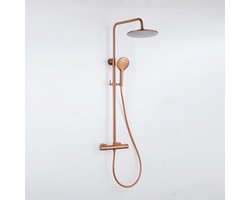 Fortifura Calvi Regendoucheset - thermostatisch - 25cm hoofddouche - gladde slang - ronde handdouche - Geborsteld koper PVD (Koper)