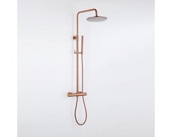 Fortifura Calvi Regendoucheset - thermostatisch - 25cm hoofddouche - metalen slang - staaf handdouche - Geborsteld koper PVD (Koper)