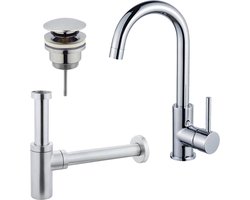 Fortifura Calvi Wastafelkraanset - hoge wastafelkraan - draaibare uitloop - klikwaste plug - design sifon - Chroom