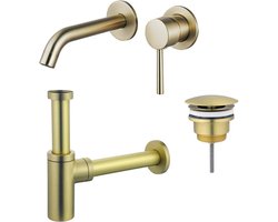 Fortifura Calvi Wastafelkraanset - inbouw wastafelkraan - always open plug - design sifon - Geborsteld Messing PVD (Goud)