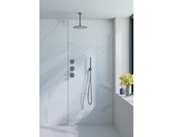 Fortifura Nebbio Regendoucheset - inbouwkraan - inbouwdeel - wandaansluitbocht - doucheslang glad - staafhanddouche - 20cm plafondarm - ronde hoofddouche - geborsteld gunmetal PVD