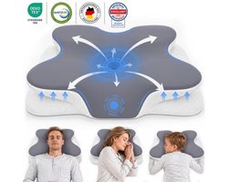 FOSMET Hoofdkussen Ergonomisch – Hoofdkussen Nekklachten - Vlinderkussen - Orthopedisch Neksteunkussen - Memory Foam - Voor Zij-, Rug- & Buikslapers - 62x41x11/13cm - 21° Nekcurve - 6 Functionele Zones - Afneembare IJssatijnen Hoes met 3D-Mesh - Wit