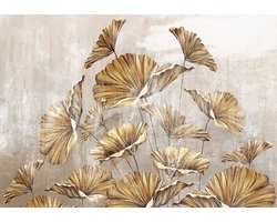 Fotobehang - Bloemen - Planten - Gouden Bladeren - Betonnen Achtergrond - Vliesbehang - 312x219cm (lxb)