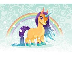 Fotobehang - Pegasus en Regenboog - Unicorn - Paard - Eenhoorn - Kinderbehang - Kinderkamer - Vliesbehang - 208 x 146 cm